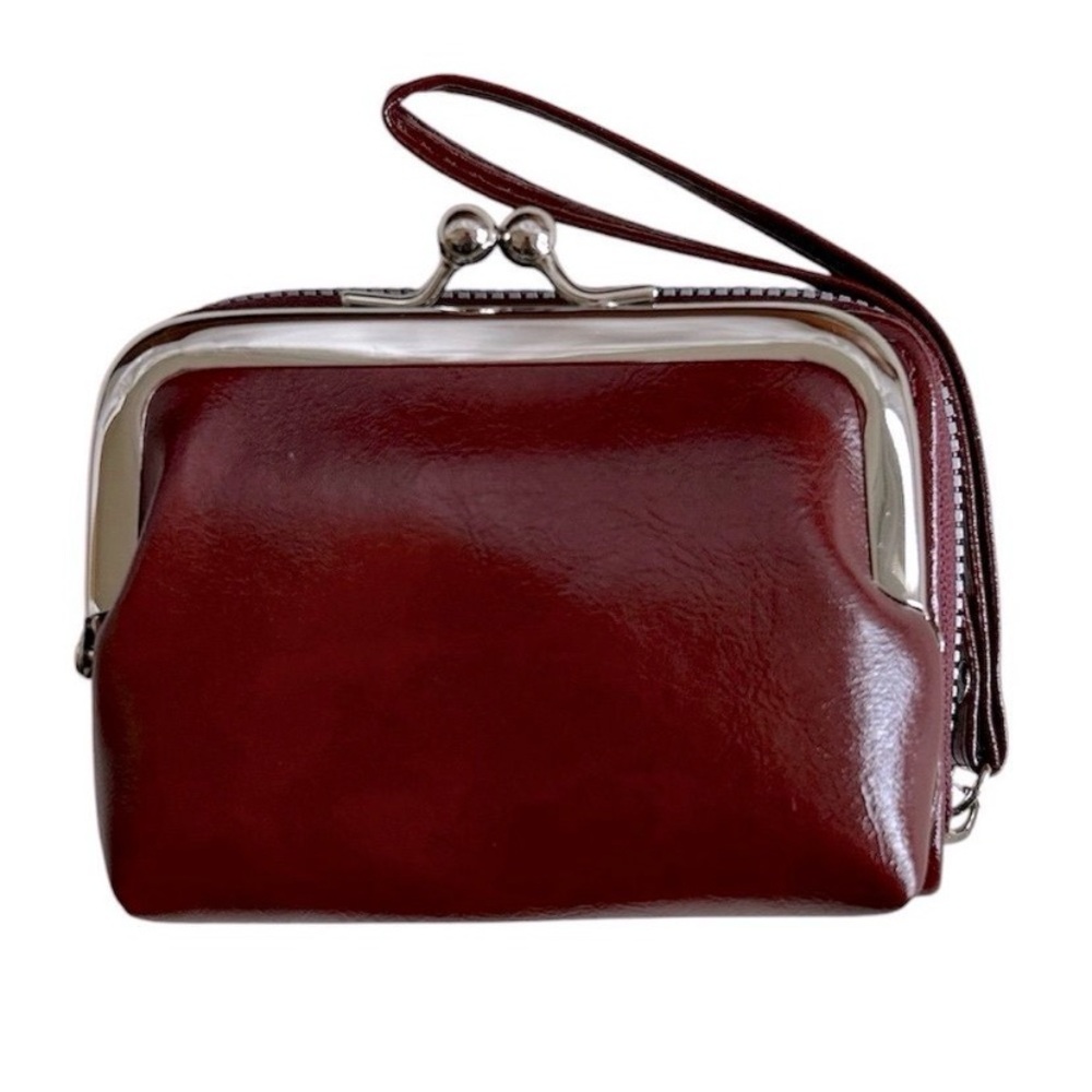 Women's Wristlet Kiss-Lock Coin Purse - Burgundy Faux Leather